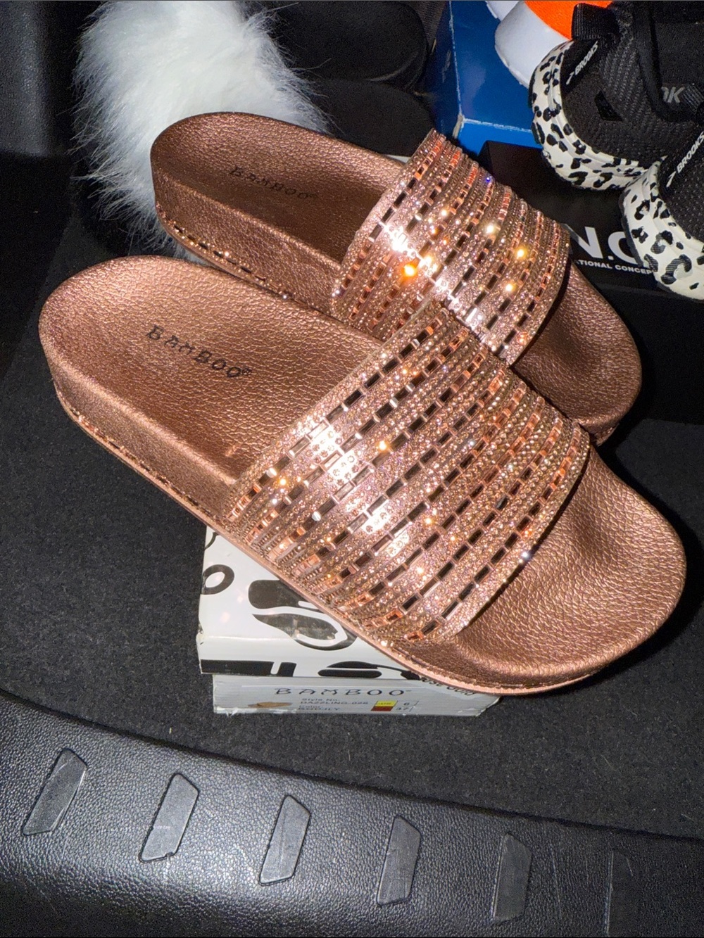 BAMBOO Rose Gold Jeweled Slide Sandals